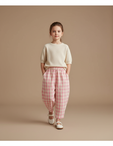 Pantalon Baggy Rose Écru Plaid Ample Coton