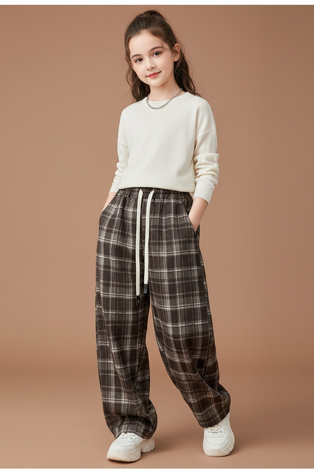 Pantalon Baggy Plaid Marron Coton Ample Fille - Tweed