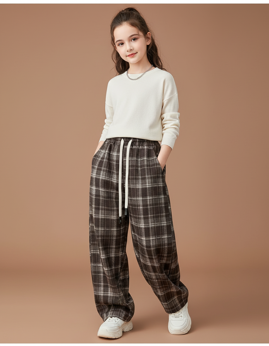 Pantalon Baggy Plaid Marron Coton Ample Fille - Tweed