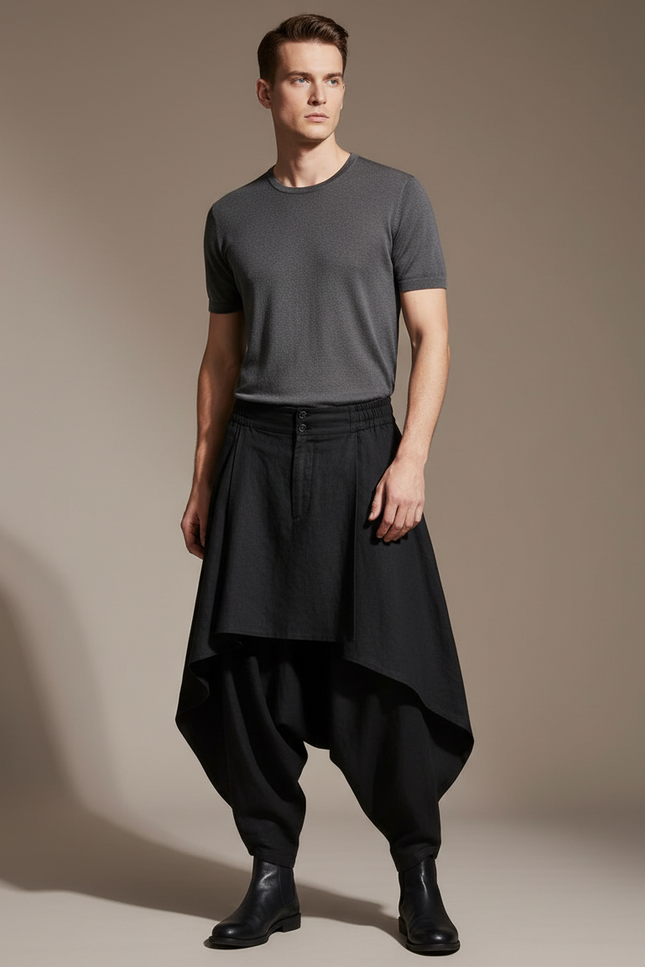 Pantalon Baggy Noir Ample Harem Asymétrique Moderne Homme - Lin