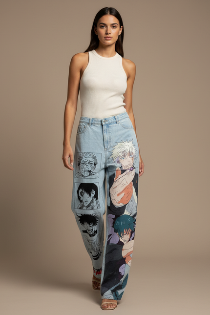 Pantalon Baggy Jean Clair Ample Imprimé Manga Y2K - Bleu