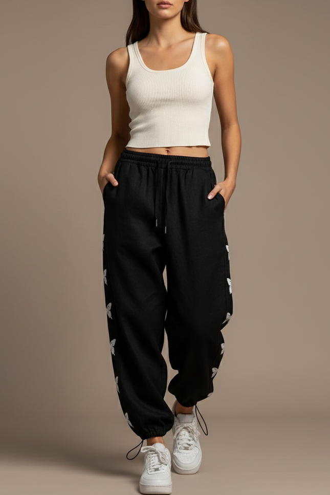 Pantalon Baggy Noir Papillons Ample Cordon Streetwear - Molleton