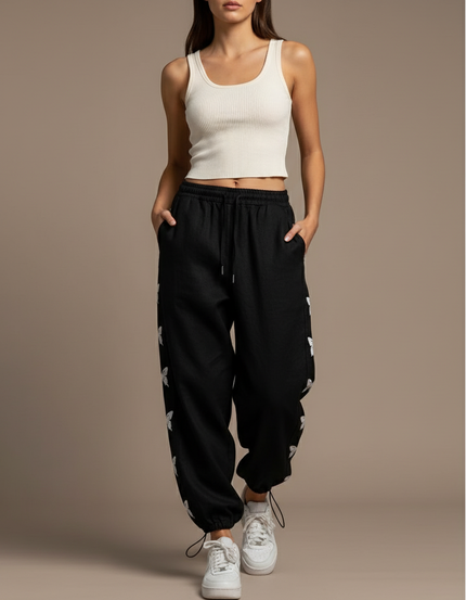 Pantalon Baggy Noir Papillons Ample Cordon Streetwear - Molleton
