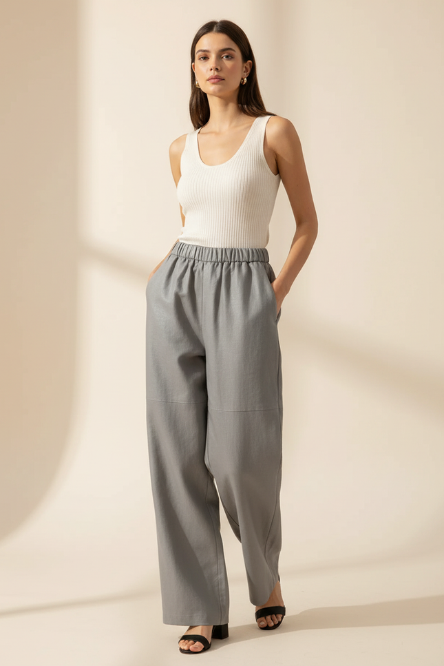 Pantalon Baggy Gris Similicuir Ample Élastique Femme - Simili cuir