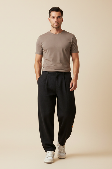 Pantalon Baggy Noir Lin Ample Plissé Décontracté Homme