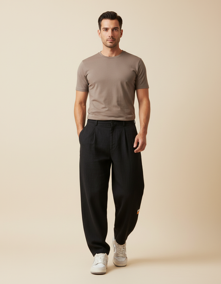 Pantalon Baggy Noir Lin Ample Plissé Décontracté Homme