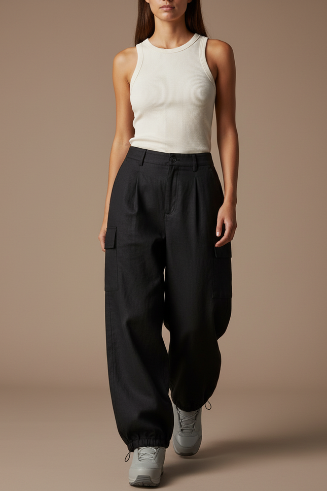 Pantalon Baggy Noir Ample Cargo Femme Cordon - Toile