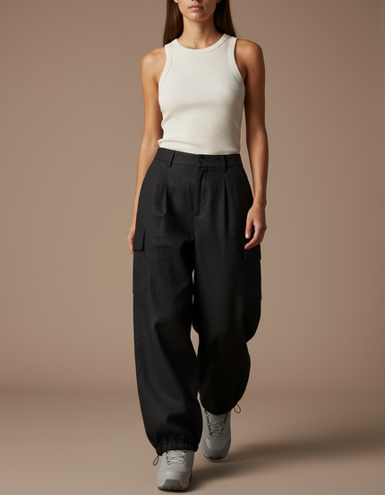 Pantalon Baggy Noir Ample Cargo Femme Cordon - Toile