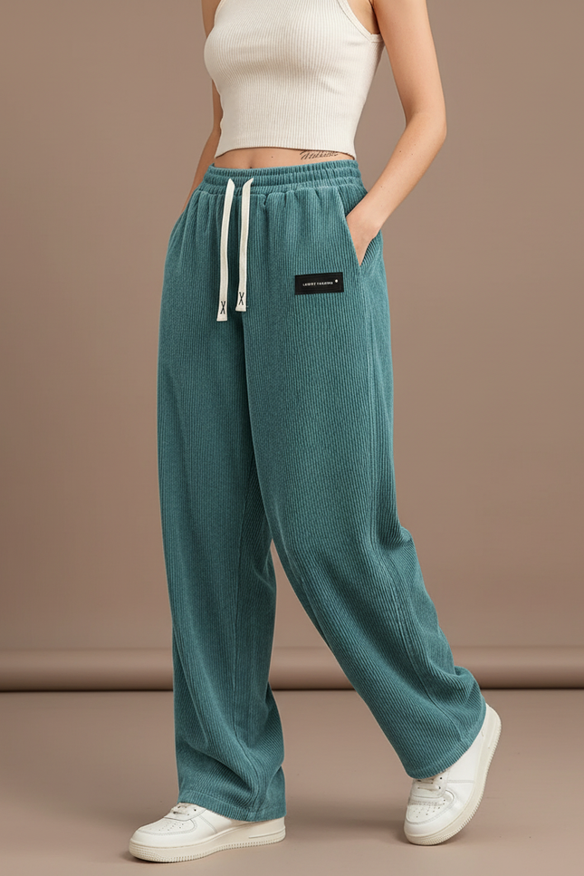 Pantalon Baggy Velours Côtelé Vert Ample Décontracté Cordon - Cordé