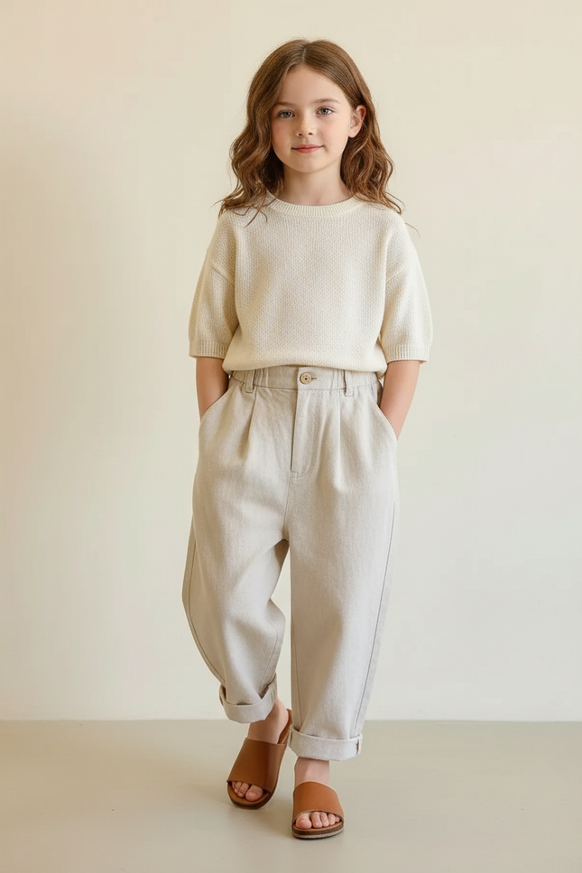 Pantalon Baggy Fille Beige Taille Haute - Lin