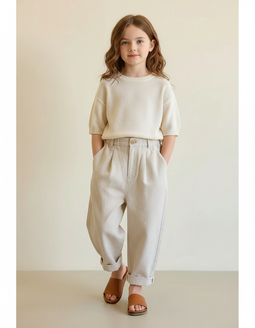 Pantalon Baggy Fille Beige Taille Haute - Lin