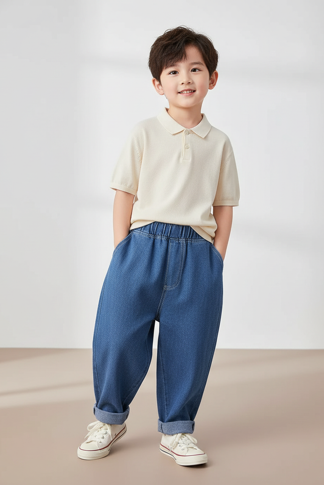Pantalon Baggy Garçon Bleu Taille Élastique Denim Hip Hop - Jean