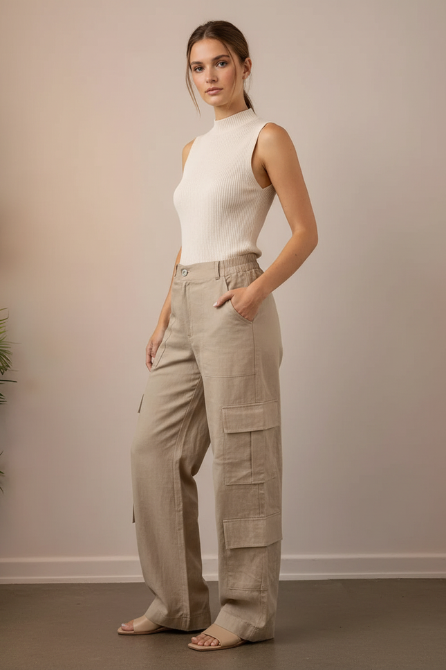 Pantalon Baggy Beige Cargo Lin Ample Femme