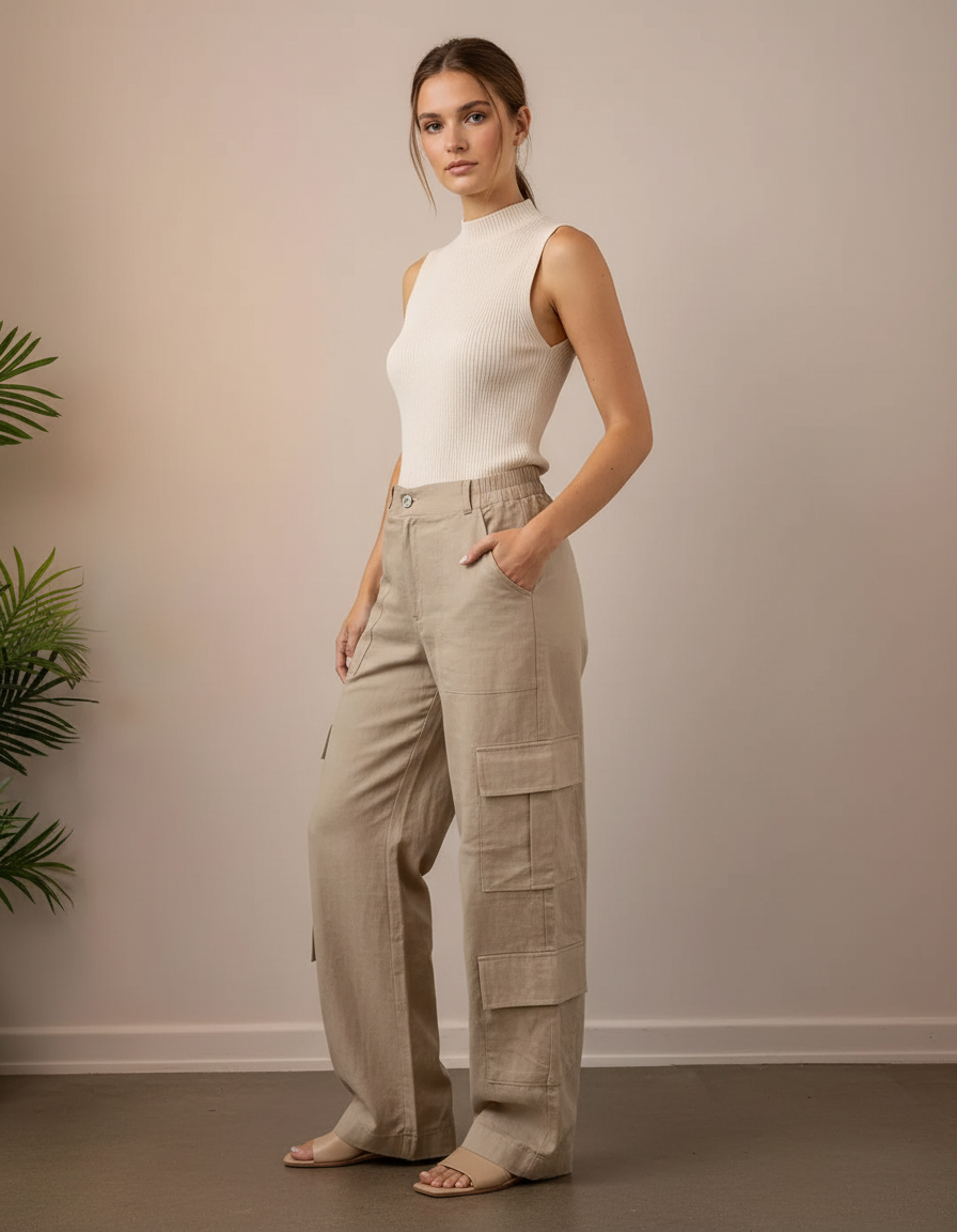 Pantalon Baggy Beige Cargo Lin Ample Femme