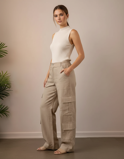 Pantalon Baggy Beige Cargo Lin Ample Femme
