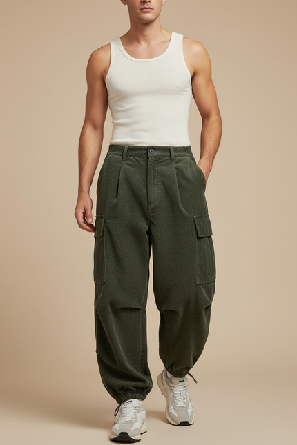 Pantalon Baggy Vert Côtelé Cargo Ample Homme - Cordé