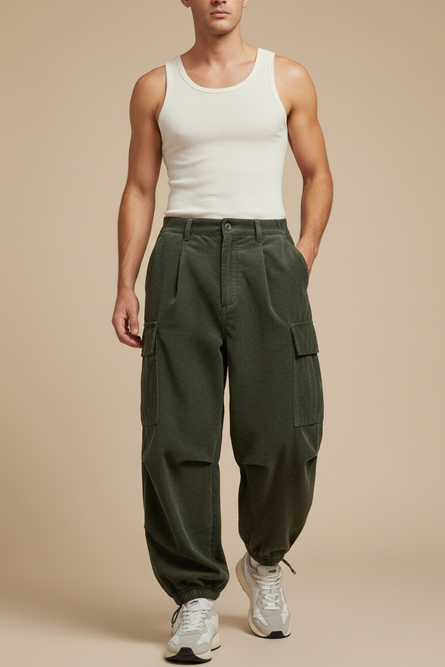 Pantalon Baggy Vert Côtelé Cargo Ample Homme - Cordé