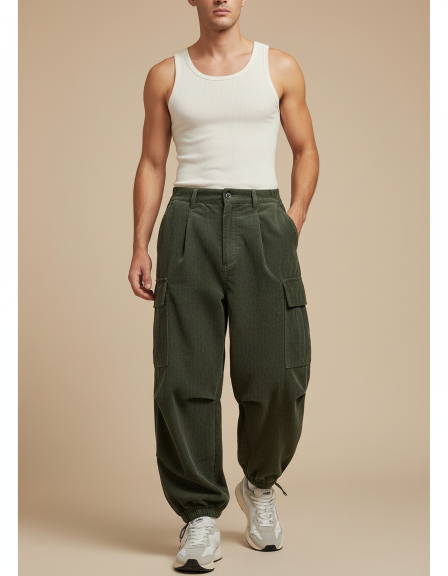 Pantalon Baggy Vert Côtelé Cargo Ample Homme - Cordé