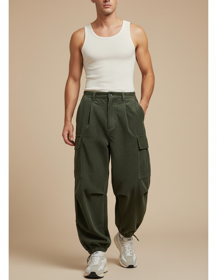Pantalon Baggy Vert Côtelé Cargo Ample Homme - Cordé