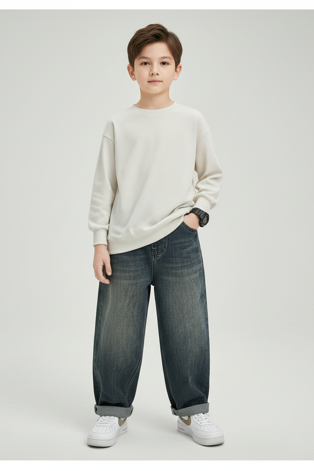 Pantalon Baggy Jean Délavé Ample Décontracté Garçon - Bleu
