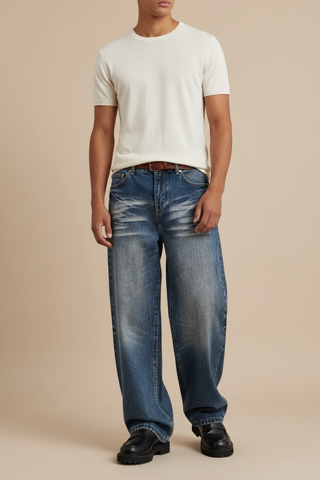 Pantalon Baggy Jean Bleu Délavé Ample Décontracté Homme