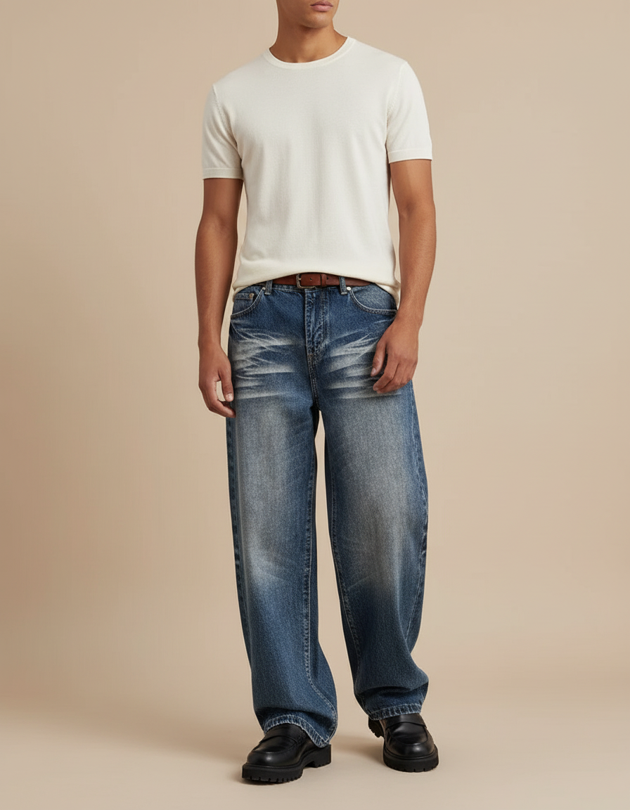 Pantalon Baggy Jean Bleu Délavé Ample Décontracté Homme