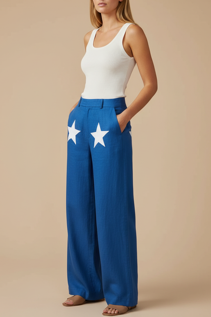 Pantalon Baggy Bleu Étoiles Ample Lin Décontracté
