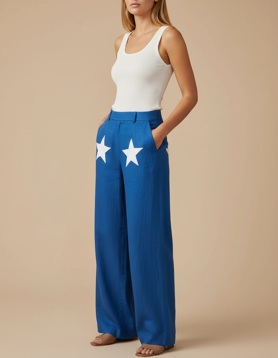 Pantalon Baggy Bleu Étoiles Ample Lin Décontracté