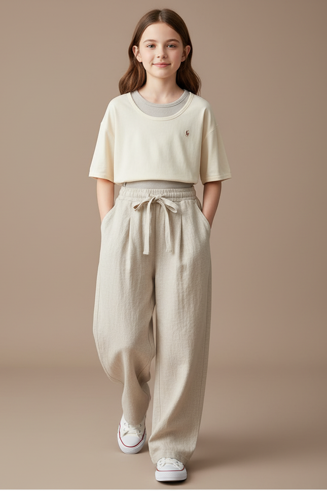 Pantalon Baggy Beige Lin Ample Cordon Décontracté