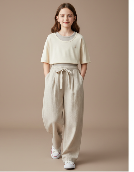 Pantalon Baggy Beige Lin Ample Cordon Décontracté