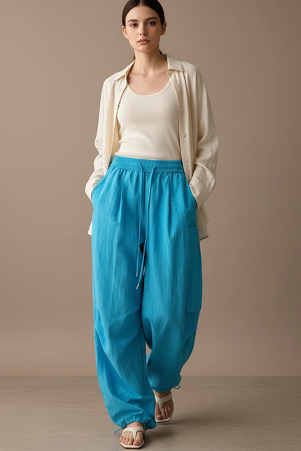 Pantalon Baggy Bleu Fluide Ample Décontracté Cordon - Lin