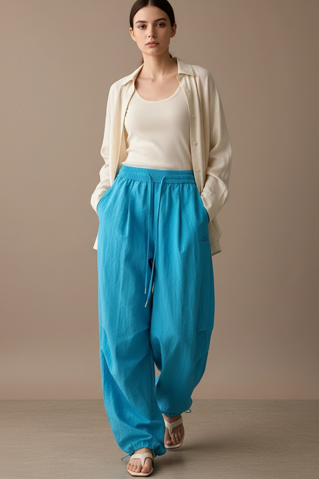 Pantalon Baggy Bleu Fluide Ample Décontracté Cordon - Lin