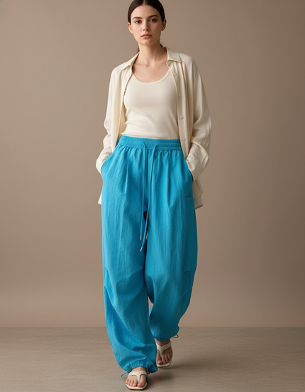 Pantalon Baggy Bleu Fluide Ample Décontracté Cordon - Lin