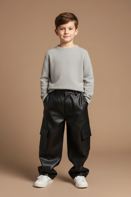 Pantalon Baggy Noir Cuir Ample Cargo Enfant