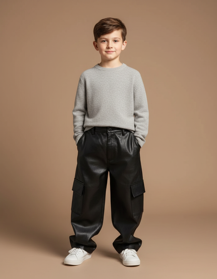 Pantalon Baggy Noir Cuir Ample Cargo Enfant