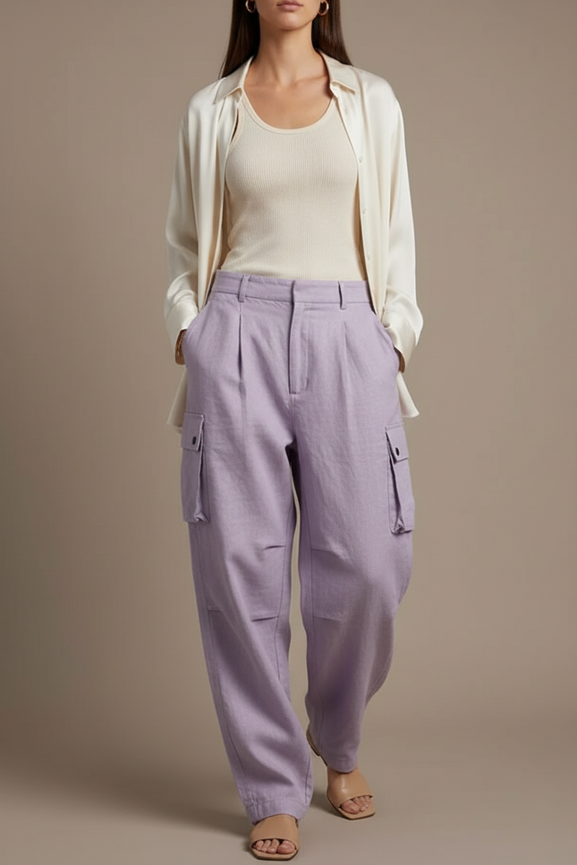 Pantalon Baggy Violet Ample Lin Cargo Femme