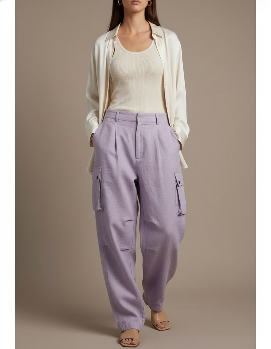 Pantalon Baggy Violet Ample Lin Cargo Femme