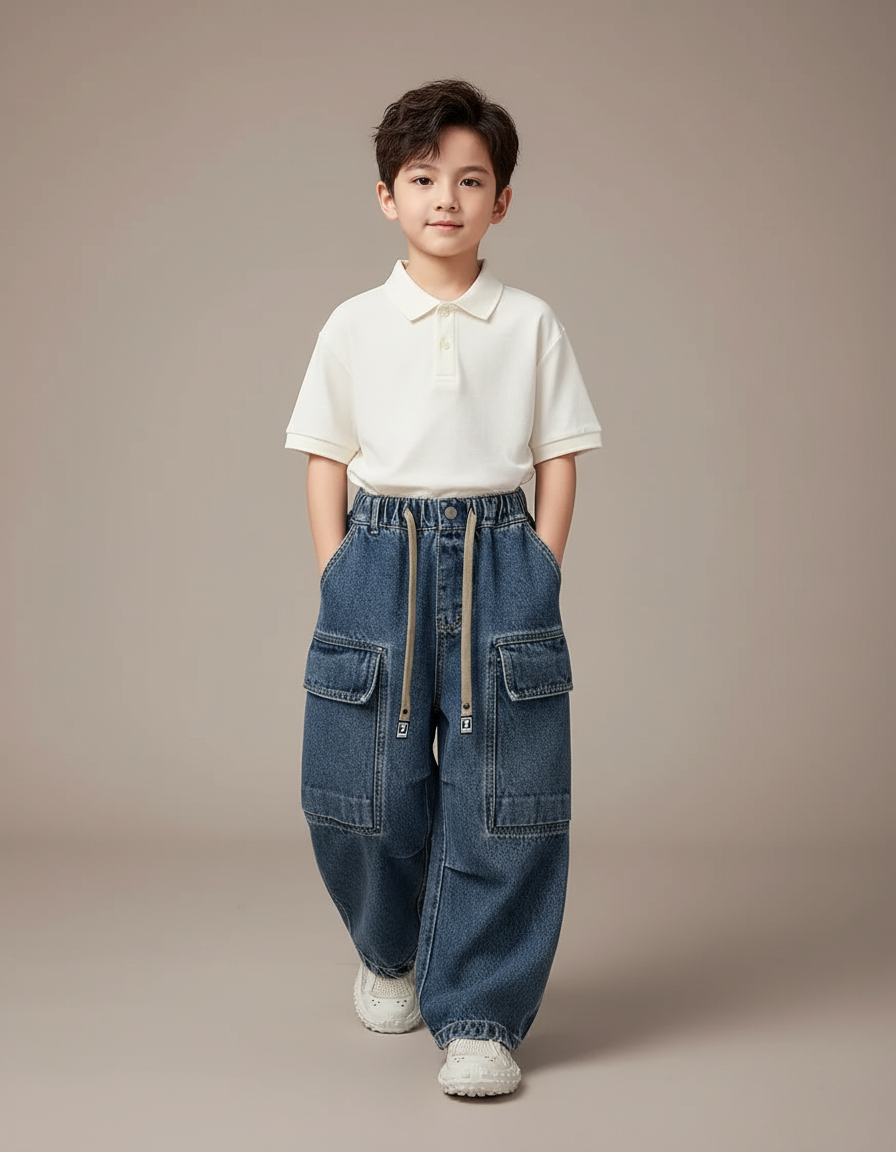 Pantalon Baggy Jean Bleu Ample Cargo Garçon