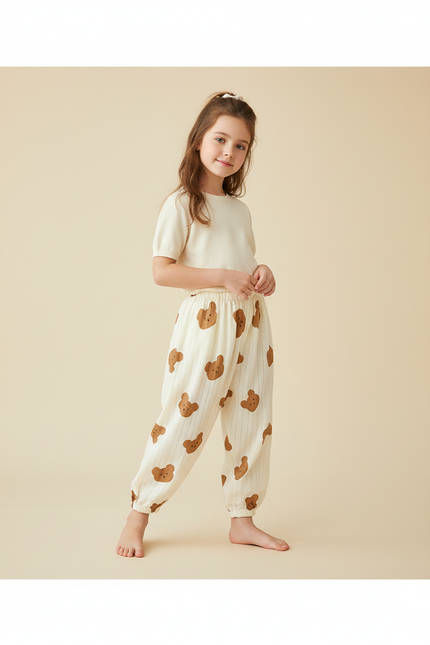 Pantalon Baggy Coton Beige Rayé Ample Ourson Enfant