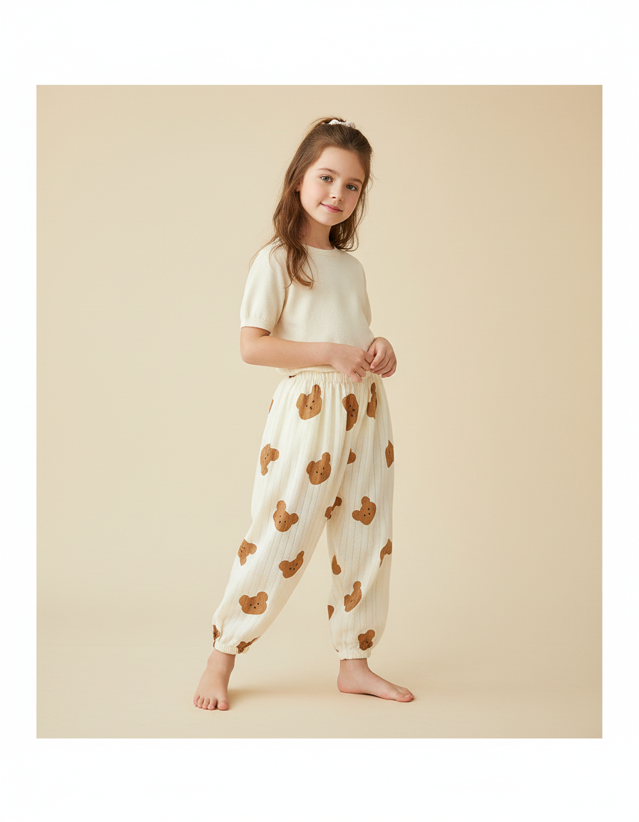 Pantalon Baggy Coton Beige Rayé Ample Ourson Enfant