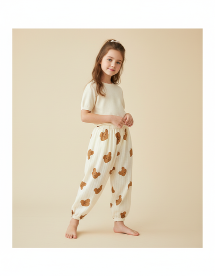 Pantalon Baggy Coton Beige Rayé Ample Ourson Enfant