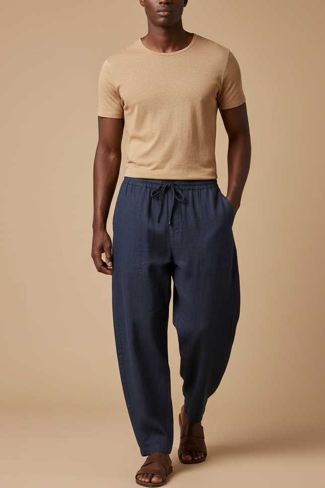 Pantalon Baggy Lin Bleu Marine Ample Décontracté Homme