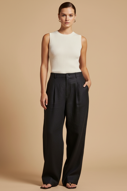 Pantalon Baggy Noir Lin Ample Plissé Élégant Femme