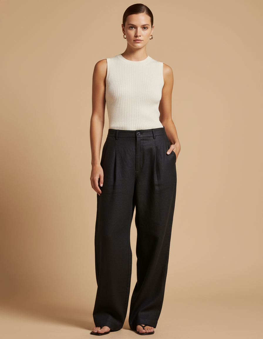 Pantalon Baggy Noir Lin Ample Plissé Élégant Femme