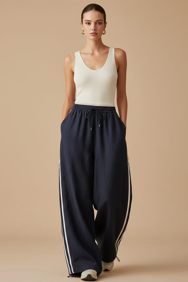 Pantalon Baggy Bleu Marine Rayures Blanches Ample Sportif - Lin