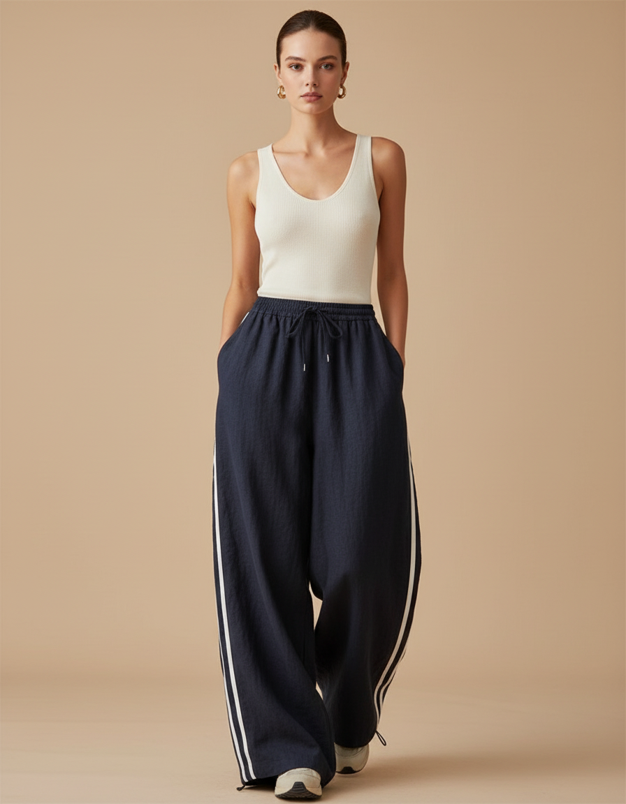 Pantalon Baggy Bleu Marine Rayures Blanches Ample Sportif - Lin