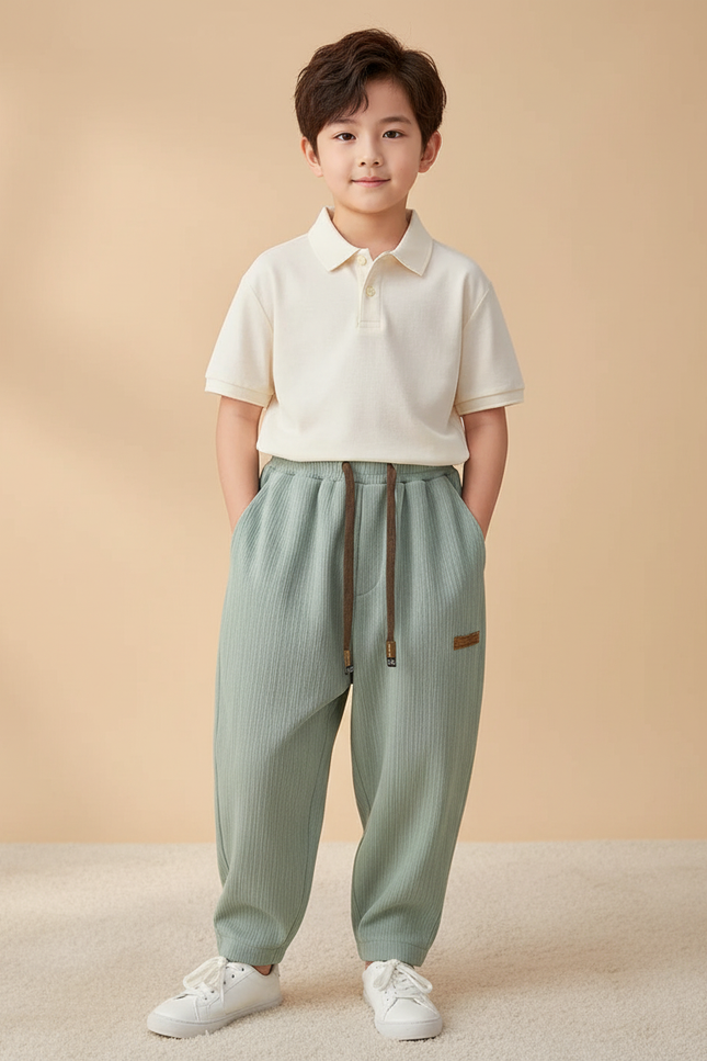 Pantalon Baggy Vert Côtelé Ample Cordon Décontracté Garçon - Cordé