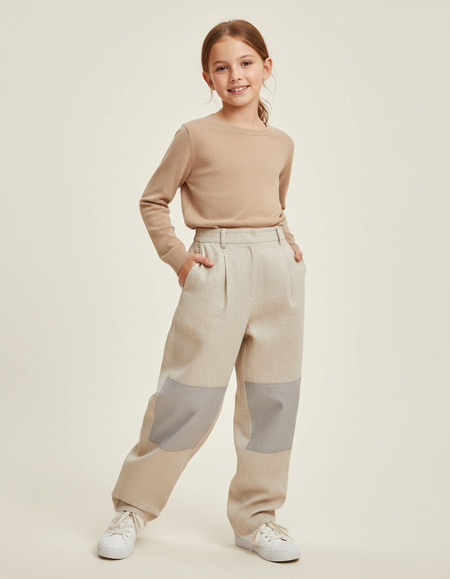 Pantalon Baggy Beige Patchwork Gris Enfant - Lin