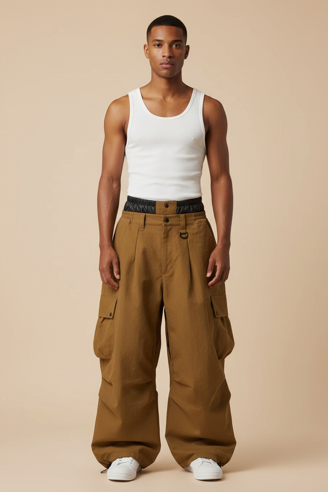 Pantalon Baggy Cargo Marron Ample Plissé Homme - Toile