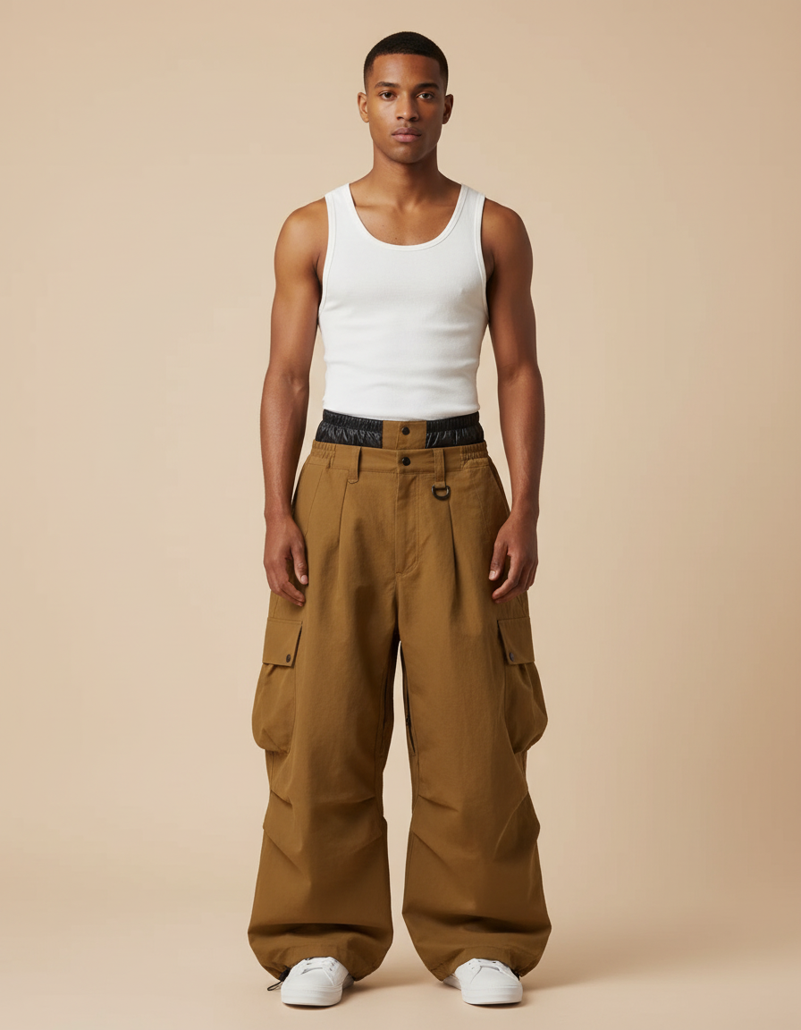 Pantalon Baggy Cargo Marron Ample Plissé Homme - Toile